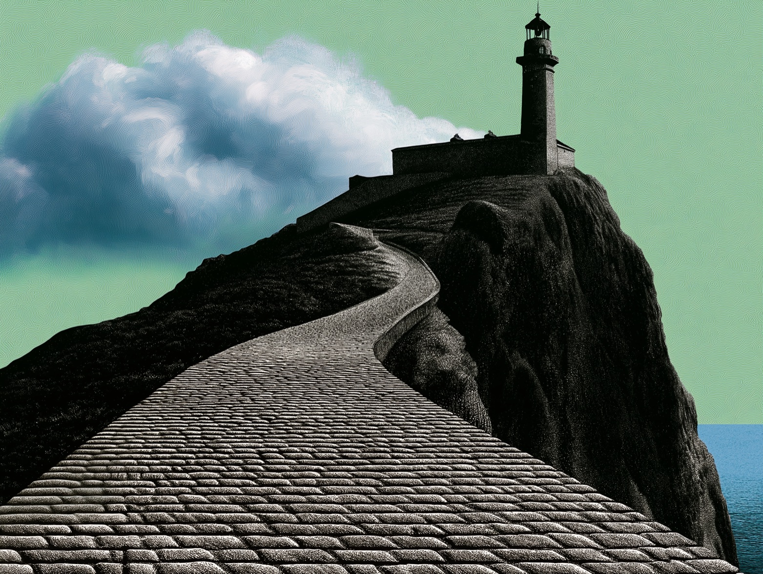 A stone path climbing a moody cliff toward a lighthouse.